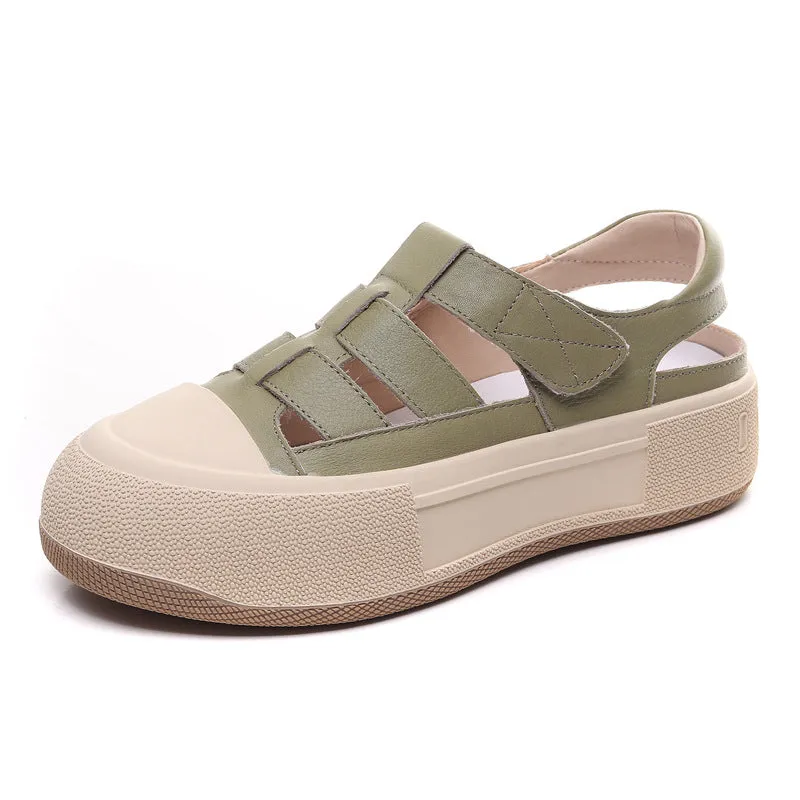 Women's Leather Sports Sandals Velcro Flat Roman Shoes