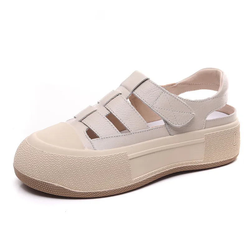 Women's Leather Sports Sandals Velcro Flat Roman Shoes