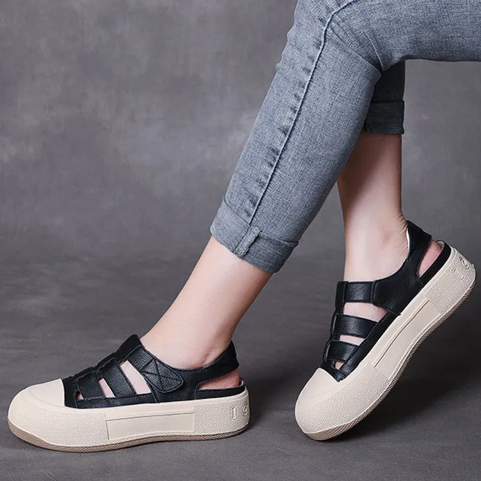 Women's Leather Sports Sandals Velcro Flat Roman Shoes