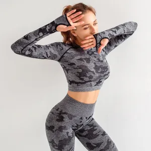 Women's Long Sleeves Seamless Camo Crop Top