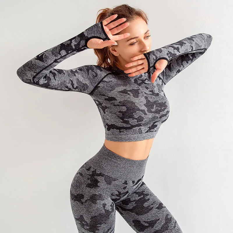 Women's Long Sleeves Seamless Camo Crop Top