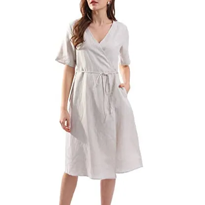 Womens Pure Linen Summer Short Sleeve Wrap Midi Dresses