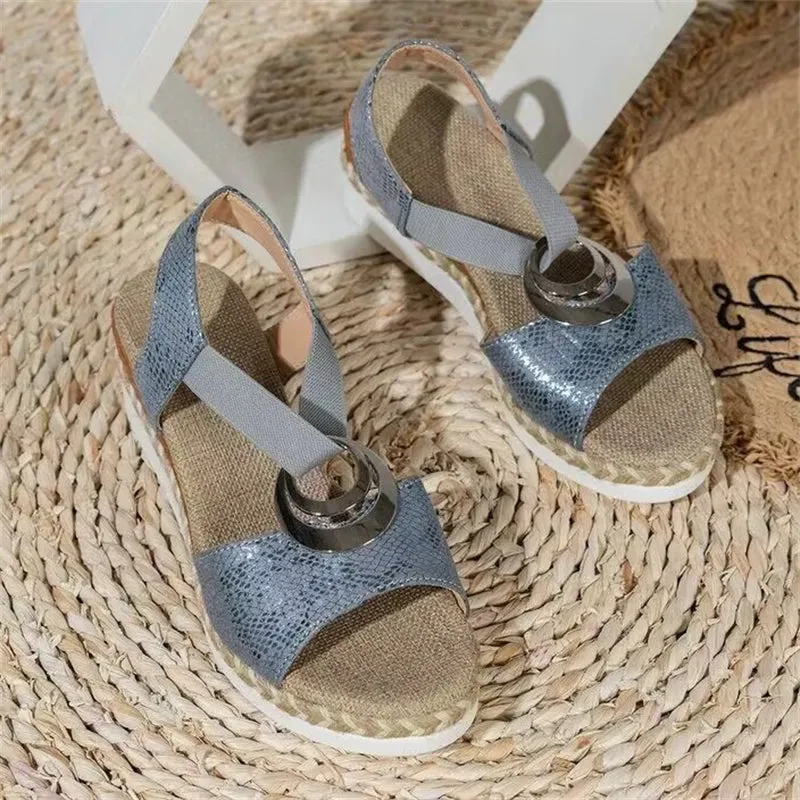 Women's Retro Snake Print Metal Ring Roman Wedge Sandals