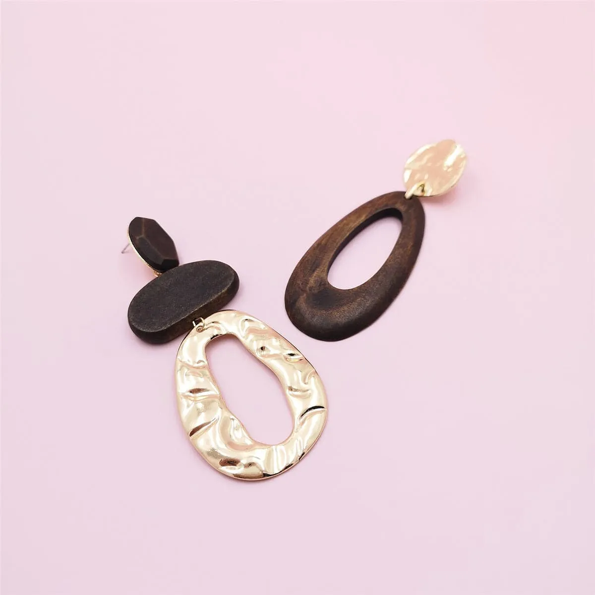 Wood & 18K Gold-Plated Geometric Mismatched Drop Earrings