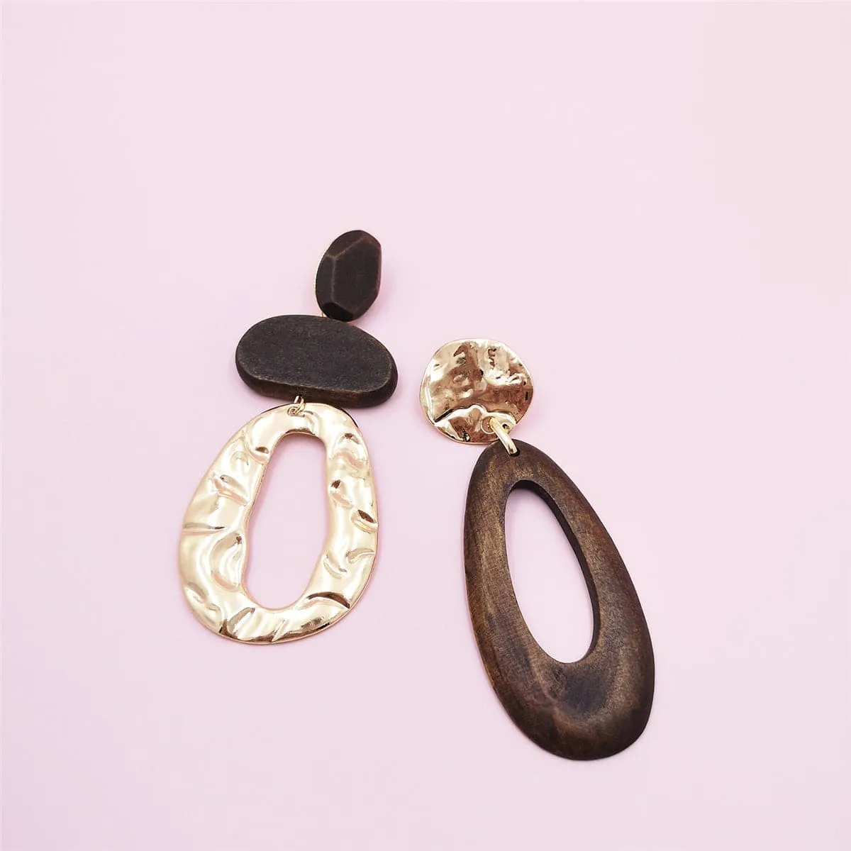 Wood & 18K Gold-Plated Geometric Mismatched Drop Earrings