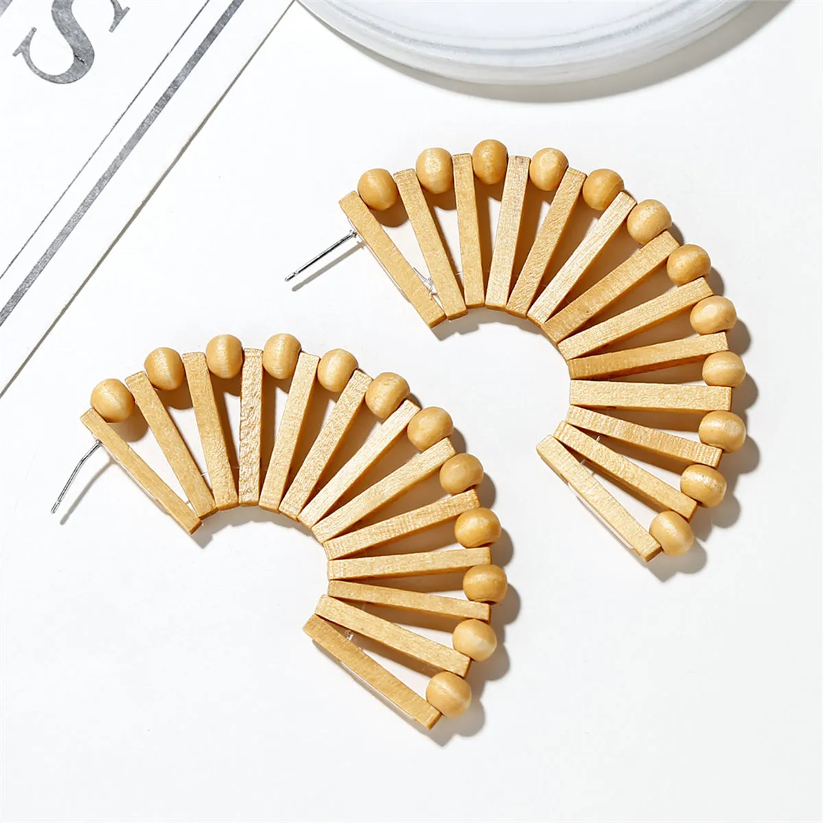 Wood & Silver-Plated Fan Huggie Earrings