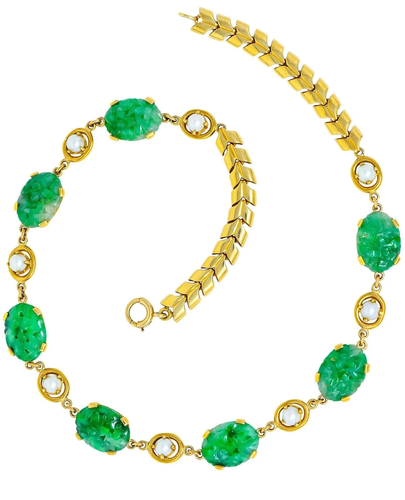 Wordley Alsopp & Bliss 1940's Retro Jade Pearl 14 Karat Link Necklace