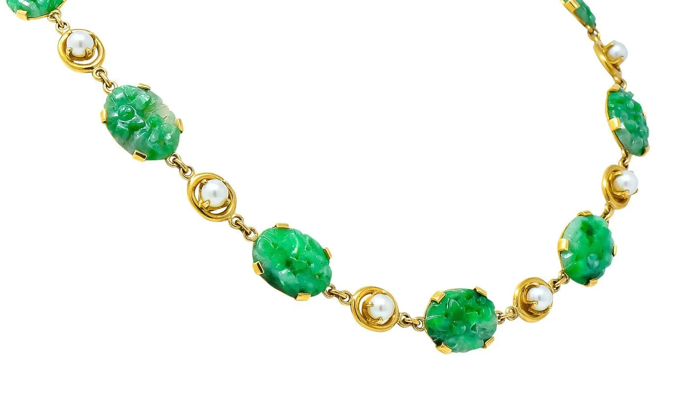Wordley Alsopp & Bliss 1940's Retro Jade Pearl 14 Karat Link Necklace