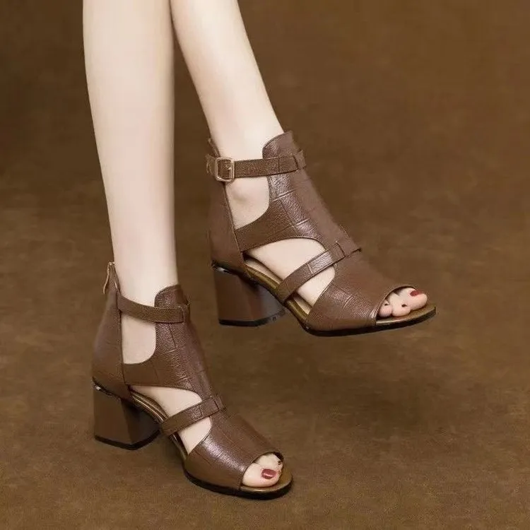 XIEYINSHE  Cross-Border New Arrival Peep Toe Roman High Heel Sandals Women's Chunky Heel Summer Hollow-out Sandal Boots Ankle Boots Mid Heel Foreign Trade Women's Shoes