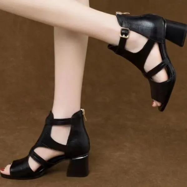 XIEYINSHE  Cross-Border New Arrival Peep Toe Roman High Heel Sandals Women's Chunky Heel Summer Hollow-out Sandal Boots Ankle Boots Mid Heel Foreign Trade Women's Shoes