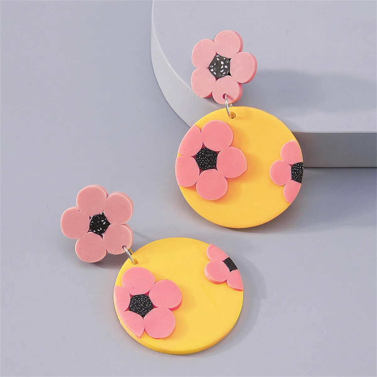 Yellow & Pink Floral Disc Drop Earrings