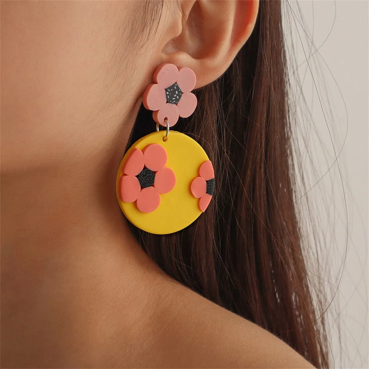 Yellow & Pink Floral Disc Drop Earrings