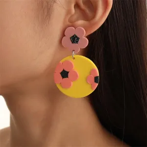 Yellow & Pink Floral Disc Drop Earrings