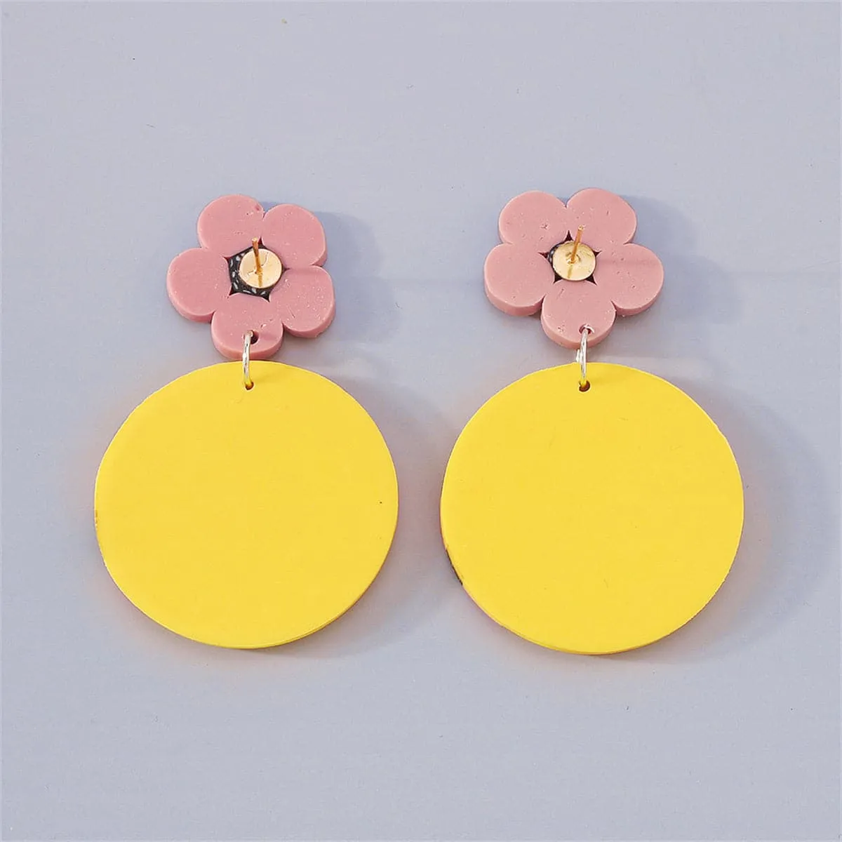 Yellow & Pink Floral Disc Drop Earrings