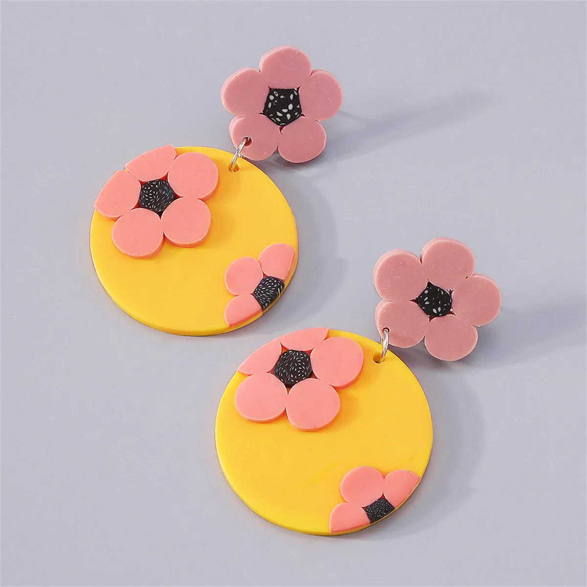 Yellow & Pink Floral Disc Drop Earrings