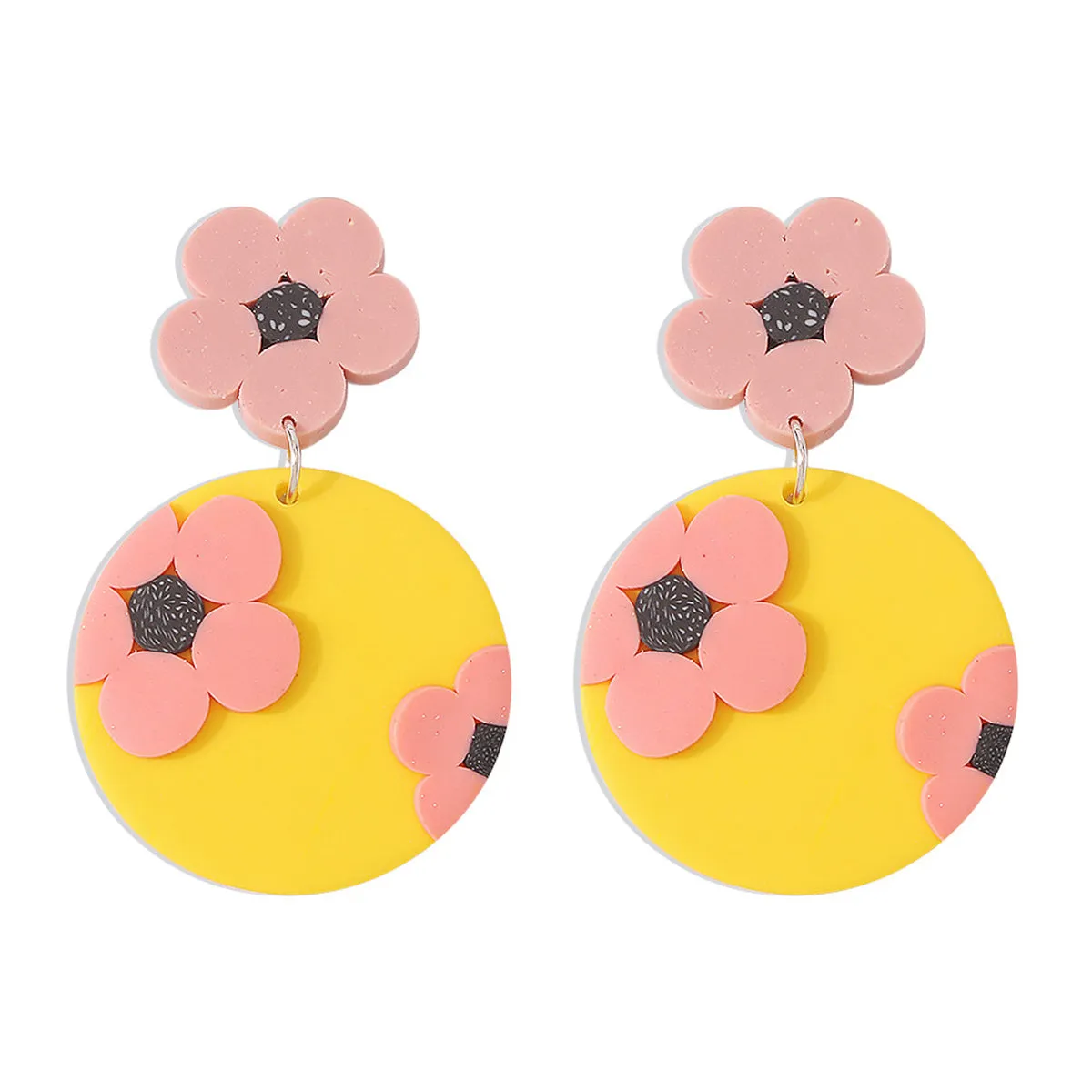 Yellow & Pink Floral Disc Drop Earrings