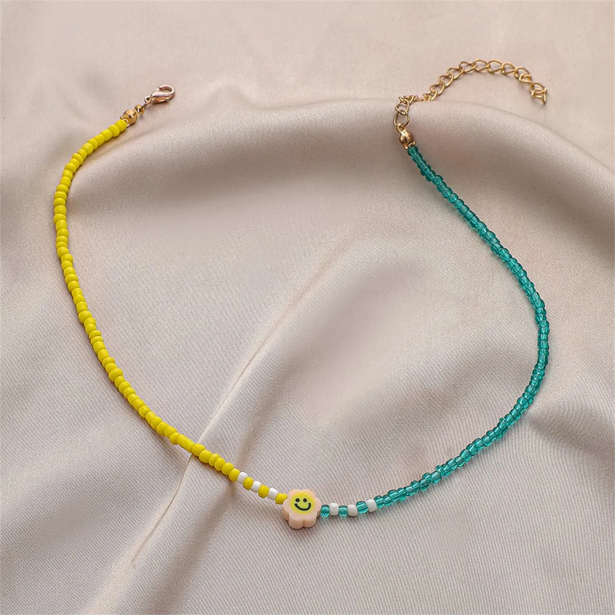 Yellow & Teal Howlite Smiley Face Beaded Choker Necklace