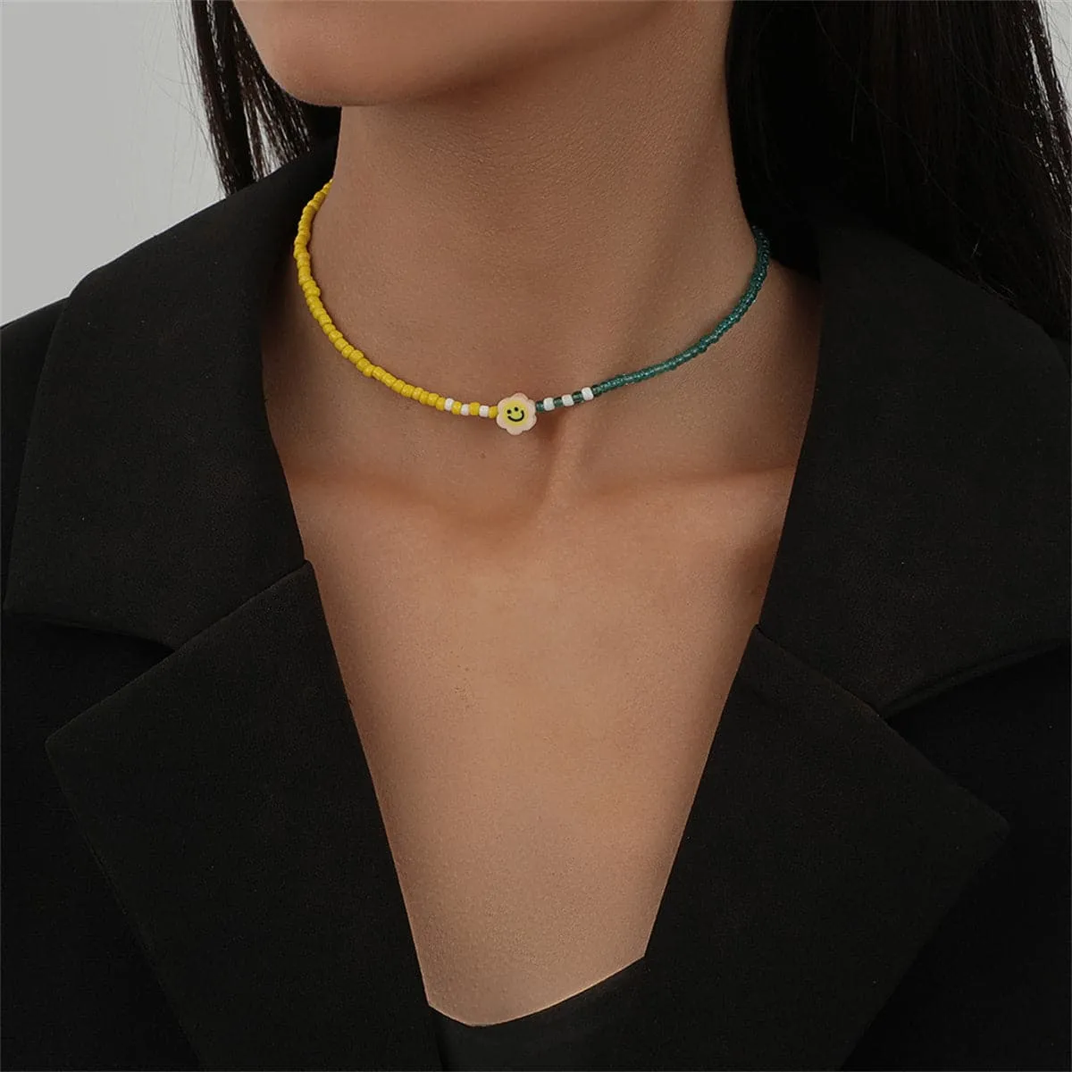 Yellow & Teal Howlite Smiley Face Beaded Choker Necklace