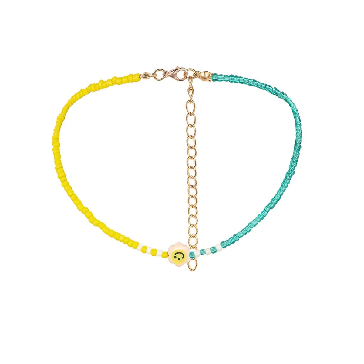 Yellow & Teal Howlite Smiley Face Beaded Choker Necklace