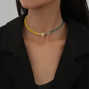 Yellow & Teal Howlite Smiley Face Beaded Choker Necklace