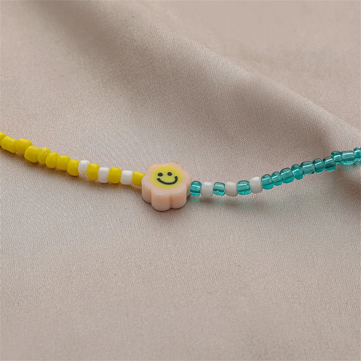 Yellow & Teal Howlite Smiley Face Beaded Choker Necklace