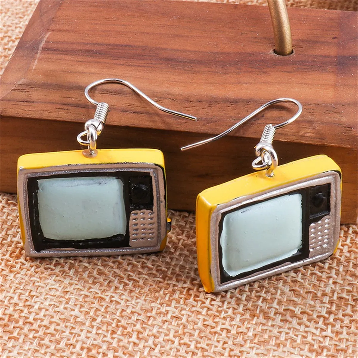 Yellow Enamel & Silver-Plated TV Drop Earrings