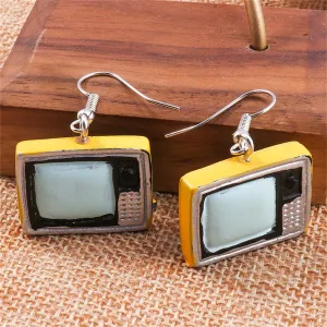 Yellow Enamel & Silver-Plated TV Drop Earrings