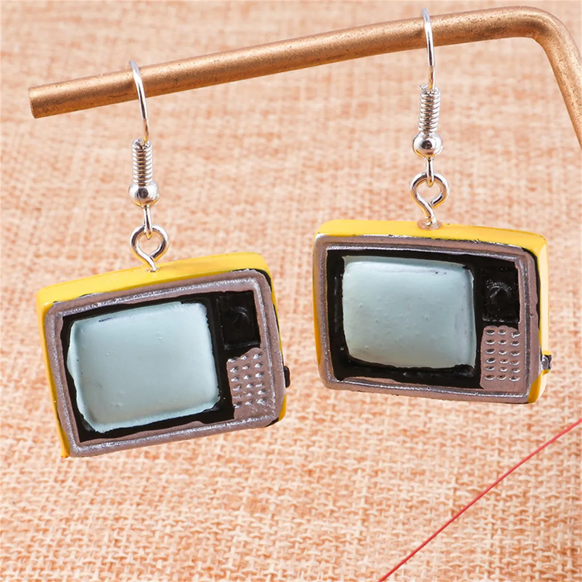 Yellow Enamel & Silver-Plated TV Drop Earrings